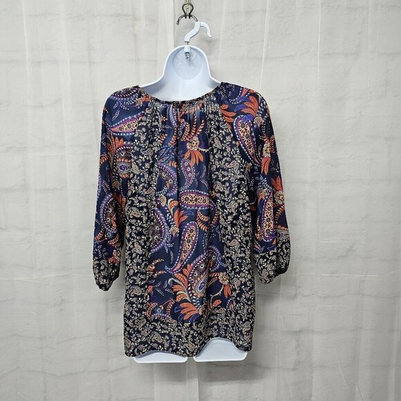 Chaps Blouse Blue Paisley Boho Cottage Peasant Casual Festival PM - Picture 8 of 12